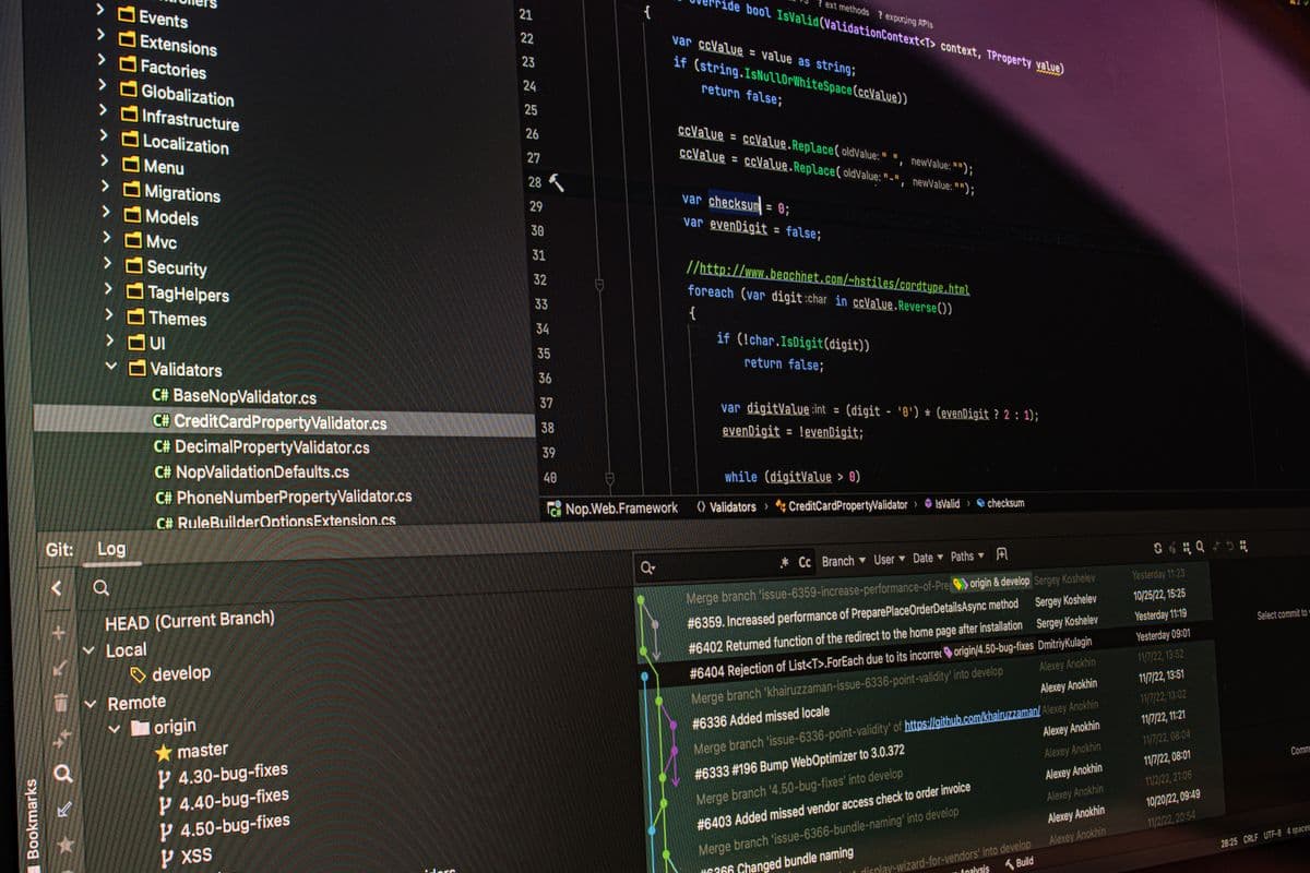 Code editor showing a project file tree alongside a Git commit history with branch merges